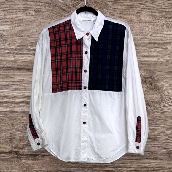 Vintage Tartan Plaid Red Green Preppy Covered Buttons White Cotton Blouse Tunic - Picture 3 of 6
